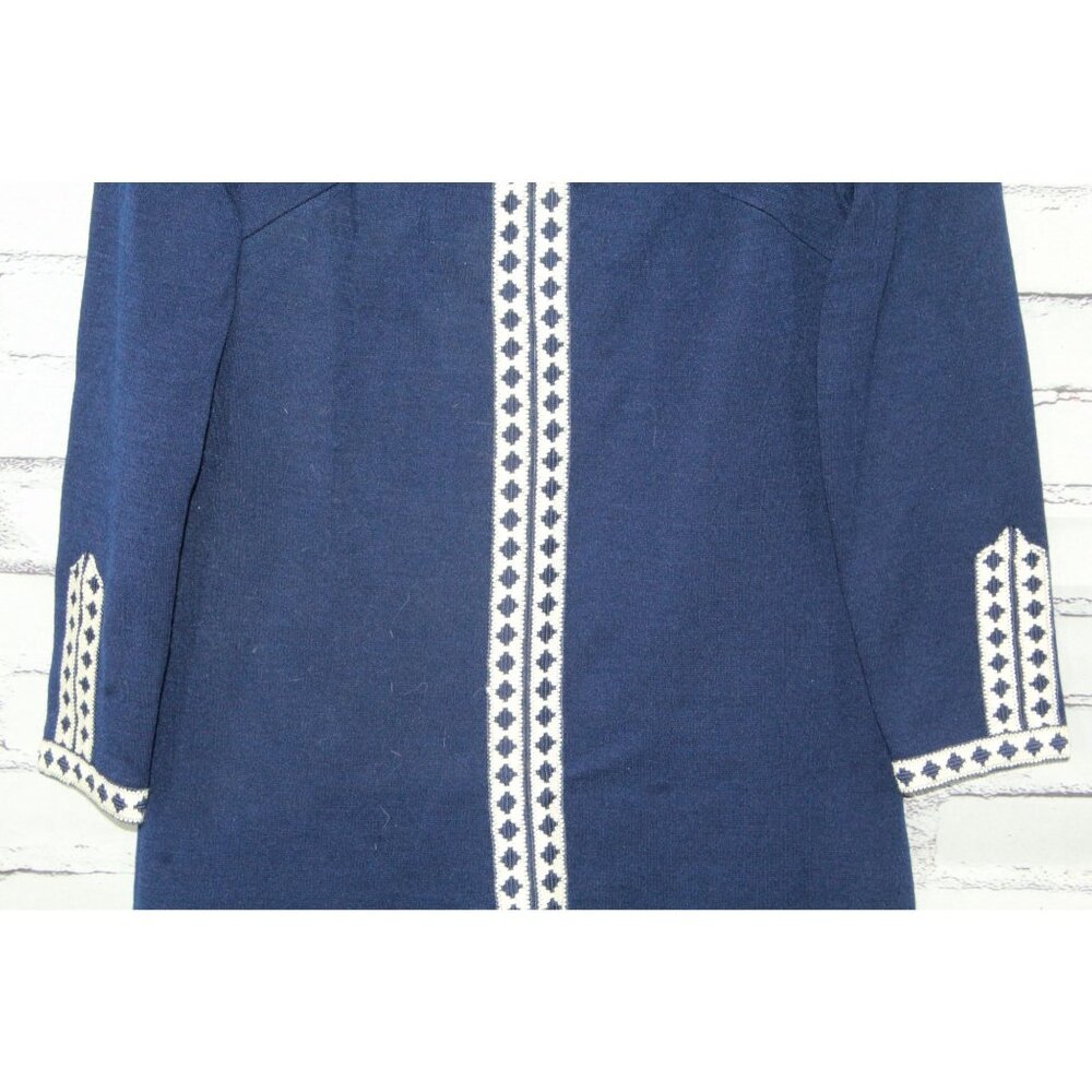 Vintage R&K Knits Womens Navy Blue Embroidered High Neck Dress Dark Academia Mod - Picture 3 of 12